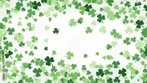 A festive background filled with scattered green shamrocks and clover leaves, evoking a St. Patrick's Day theme.