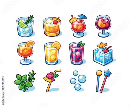 Colorful Mixed Drink Icons. Mixed drinks. Colorful isometric vector icons set of mixed drinks: gin tonic, whiskey sour, rum punch, sangria glass, spritz