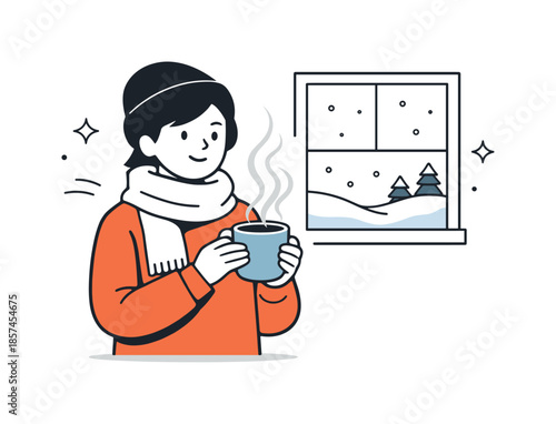 Cozy Winter Warmth. Winter Comfort. A person holding a warm cup with steam rising, standing indoors near a simple window with snow outside. The illustration