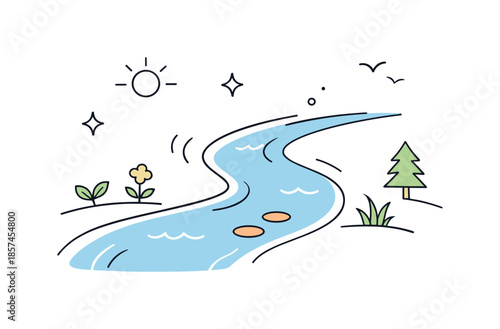 River Renewal. Nature reawakening with water. A simple river-like shape starting to move again, with soft motion accents. The mood reflects renewal, patience,