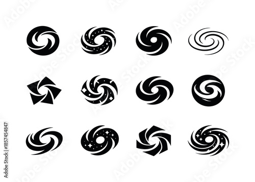 Celestial Logo Collection. Celestial bodies. Icon set. Set Logo of celestial bodies: galaxy swirl. harmonious logo variations of the same emblematic concept,