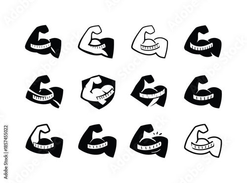Fitness Icons Grid. Fitness assessments and body measurements. Icon set. Set Logo of fitness assessments and body measurements: muscle measurement marker.
