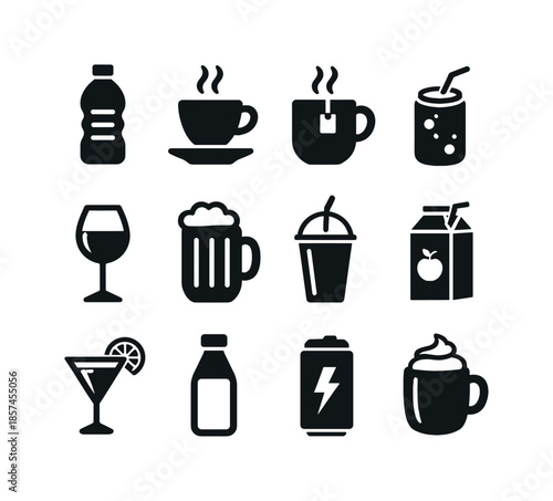 Beverage Icons Grid. Beverages. Solid icon set of beverages: water bottle, coffee cup, tea mug, soda can, wine glass, beer mug, smoothie cup, juice carton,