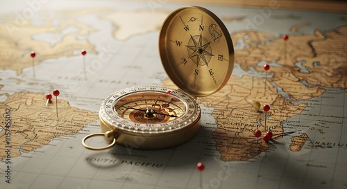 Vintage compass on a world map with red pins marking destinations, evoking adventure and travel, as seen in Image fx