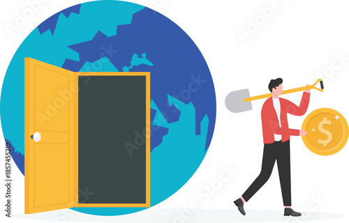  Businessman with shovel carrying dollar coin, lightbulb and diamond through a global portal 

