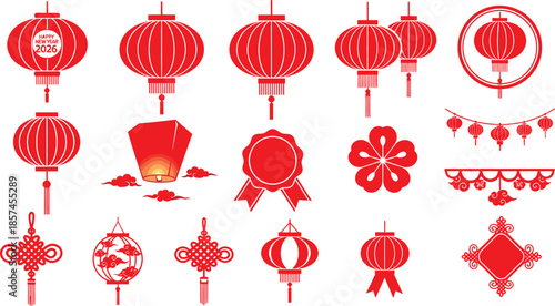 Collection of traditional chinese red lanterns and decorations