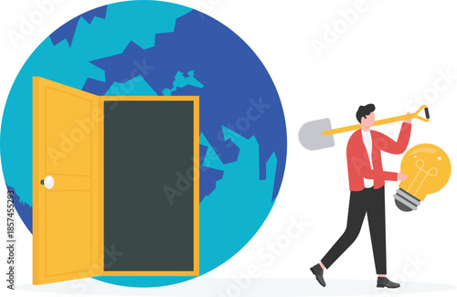  Businessman with shovel carrying dollar coin, lightbulb and diamond through a global portal 

