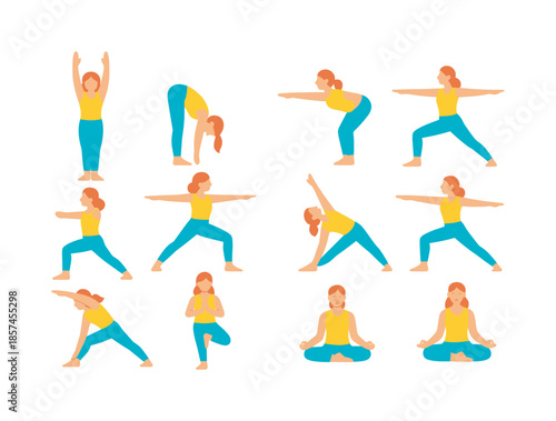 Focus Yoga Icons. Yoga flow for focus. Colorful flat vector icons set of yoga flow for focus: mountain pose, forward fold, half-lift, low lunge, warrior I,