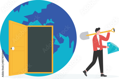  Businessman with shovel carrying dollar coin, lightbulb and diamond through a global portal 

