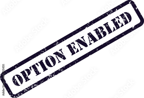 A blue grungy rubber stamp mark clearly displays the text OPTION ENABLED on a clean white surface