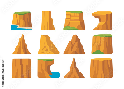 Colorful Cliff Icons. Cliff Structures. Colorful flat vector icons set of cliff structures: seaside cliff, vertical rock wall, layered sediment cliff, cliff