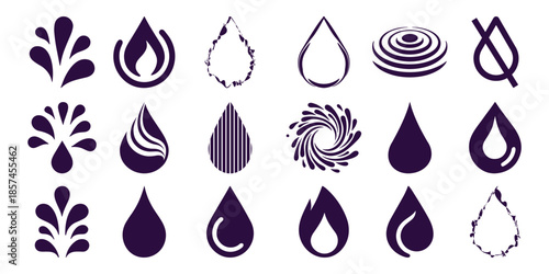 Collection of dark purple water drop and splash