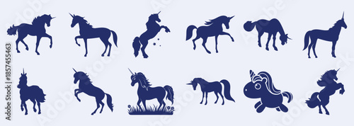 Collection of dark blue unicorn silhouettes in various poses a light blue horse fantasy