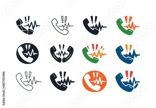 Iconic Call Logos. unexpected phone call. Icon set. Set Logo of unexpected phone call: waveform alert. harmonious logo variations of the same emblematic