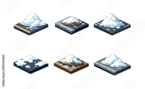 Urban Snow Melt Icons. Urban snow melt. Isometric flat vector icons set of Urban snow melt: roadside snow pile, curbside slush heap, parking lot snow mound,