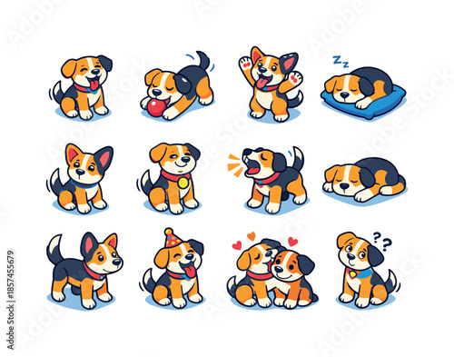Dog Emotion Icons. Dog emotions. Colorful isometric vector icons set of dog emotions: happy dog, playful dog, excited dog, sleepy dog, curious dog, proud dog,