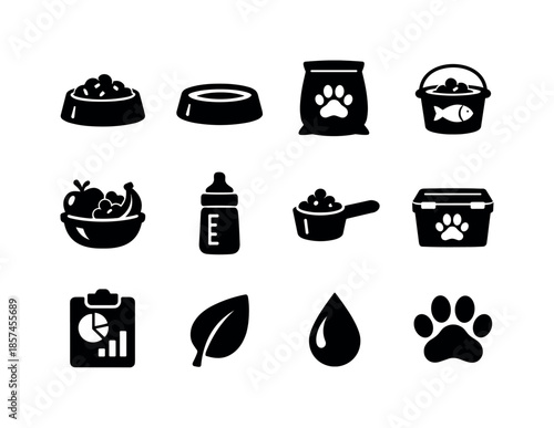 Animal Feeding Icons. Animal feeding and nutrition. Solid icon set of animal feeding and nutrition: feeding bowl, water bowl, pellets bag, fish bucket, fruit