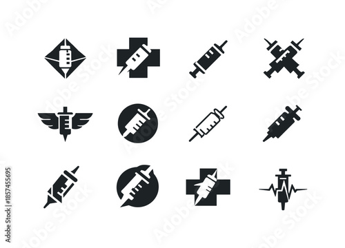 Doctor's Emblem Variations. Doctor's. Icon set. Set Logo of doctor's: syringe symbol. harmonious logo variations of the same emblematic concept, each with