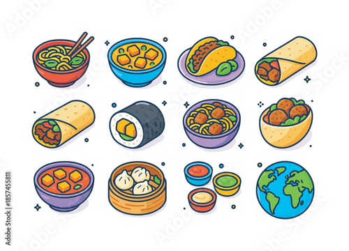 Global Fusion Meals Icons. Global fusion alternative protein meals. Colorful isometric vector icons set of Global fusion alternative protein meals: plant-based