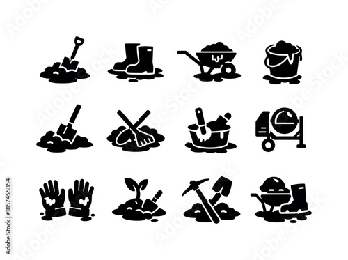 Mud Tools Icon Set. Mud Tools. Solid icon set of Mud Tools: shovel in mud, boots in mud, wheelbarrow mud, bucket of mud, spade digging mud, farming tool mud,