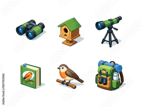 Bird Watching Icons. Bird watching. Isometric flat vector icons set of Bird watching: binoculars, birdhouse, spotting scope on tripod, field guide book,
