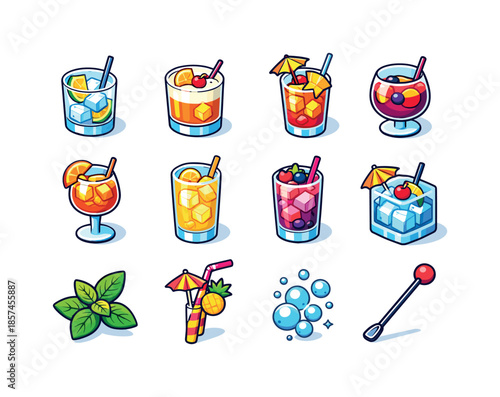 Colorful Mixed Drink Icons. Mixed drinks. Colorful isometric vector icons set of mixed drinks: gin tonic, whiskey sour, rum punch, sangria glass, spritz