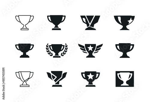 Winning Trophy Logos. winning. Icon set. Set Logo of winning: trophy cup. harmonious logo variations of the same emblematic concept, each with different