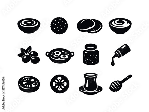 Middle Eastern Breakfast Icons. Middle Eastern breakfast. Solid icon set of Middle Eastern breakfast: hummus bowl, falafel ball, pita bread, labneh bowl,