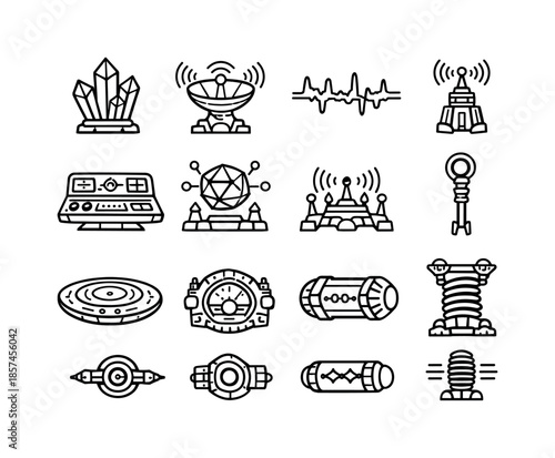 Alien Communication Icons. Ancient alien communication systems. Line icon set of Ancient alien communication systems: signal crystal, resonance dish, coded