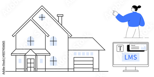 Online education, learning tools, home schooling, remote teaching, e-learning, digital platforms. A house, an instructor and a learning management system screen. Online education and learning tools