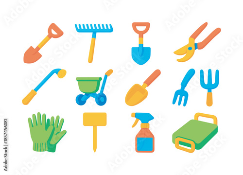 Community Gardening Icons. Community gardening tools. Colorful flat vector icons set of community gardening tools: hoe, rake, spade, pruners, watering wand,