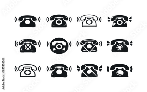 Unexpected Call Icons. unexpected phone call. Icon set. Set Logo of unexpected phone call: ringing old telephone. harmonious logo variations of the same