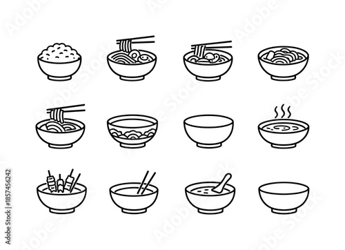 Asian Bowl Icons. Asian Bowl. Line icon set of Asian Bowl: rice bowl, ramen bowl, pho bowl, noodle soup bowl, chopsticks bowl, Asian ceramic bowl, traditional