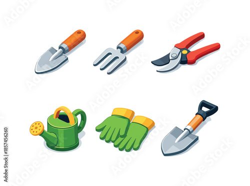 Garden Tools Icons. Gardening Tools. Isometric flat vector icons set of Gardening Tools: hand trowel, garden fork, pruning shears, watering can, garden gloves,