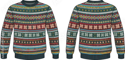 Fair isle sweater cad drawing, patterned knit sweatshirt front back view, winter clothing flat vector illustration for fashion design
