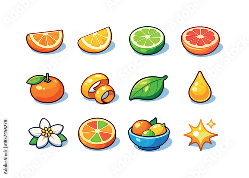 Colorful Citrus Icons. Citrus fruits. Colorful isometric vector icons set of citrus fruits: orange slice, lemon wedge, lime slice, grapefruit half, mandarin,