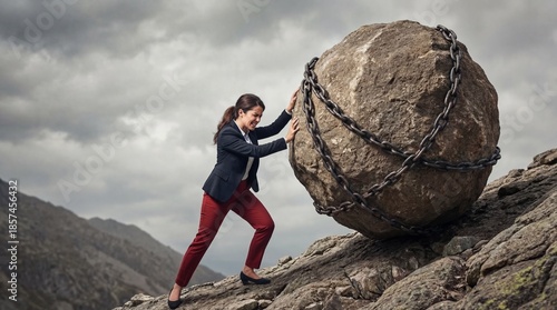 Struggling against adversity business woman rocky terrain inspirational image dramatic sky determined perspective