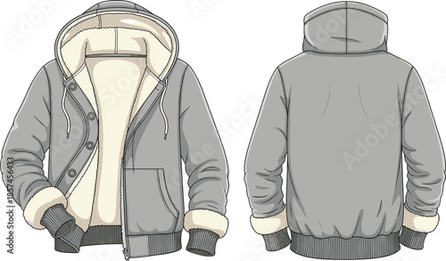 Mens fleece lined hooded jacket cad drawing, winter zip up coat front back view, clothing flat vector illustration fashion design