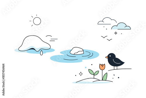 Winter's Gentle Transition. Winter fading away. Abstract forms and thin linear accents arranged to suggest melting snow and seasonal transition. A clean