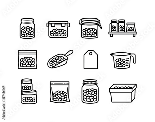 Bean Storage Icons. Bean Storage. Line icon set of Bean Storage: glass jar, airtight container, canister, pantry shelf, storage bag, scoop, label