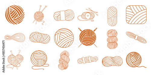 Collection of orange outline yarn balls and knitting needles white wool