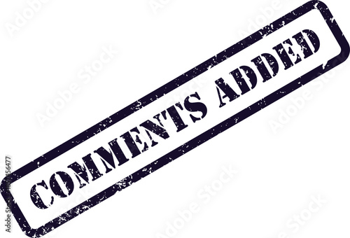 A dark blue distressed rubber stamp shows the words COMMENTS ADDED on a clear white background