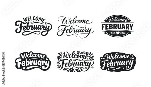 February Lettering Styles. Welcome February. Set lettering. harmonious lettering variations of the same emblematic concept, each with different artistic