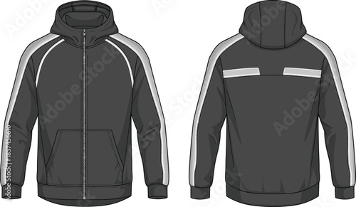 Mens hooded zip jacket cad drawing, long sleeve athletic hoodie front back view, clothing flat vector illustration technical design apparel