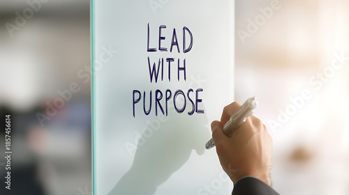 Conceptual capture of a person writing 'Lead with Purpose' on a transparent surface, symbolizing purposeful leadership and strategic vision. Focus on clarity & direction.