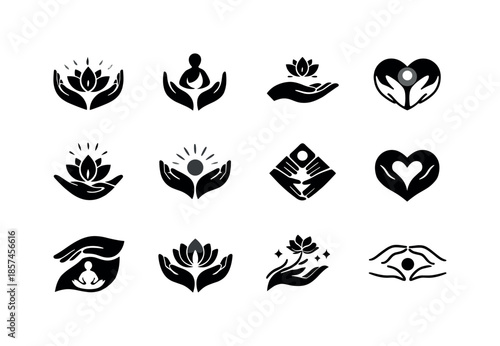 Therapeutic Touch Logos. Therapeutic touch. Icon set. Set Logo of therapeutic touch: holistic touch symbol. harmonious logo variations: Iconic shape, Negative