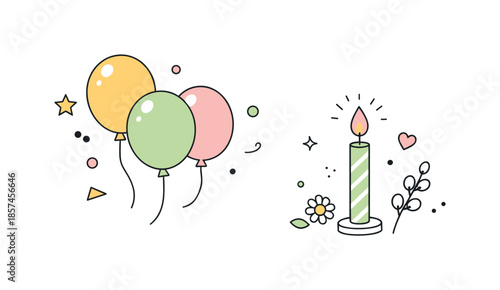 Minimalist Birthday Elegance. Minimal birthday decor. Balloons, confetti, and a single candle arranged in a clean, airy layout with March spring accents.