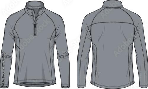 Mens quarter zip pullover cad drawing, long sleeve athletic top front back view, clothing flat vector illustration technical design apparel