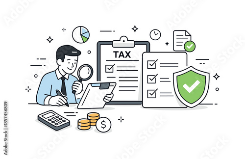Tax Compliance Review. Tax compliance and control. Professional reviewing tax forms and checklists, careful and responsible atmosphere. Shield and document