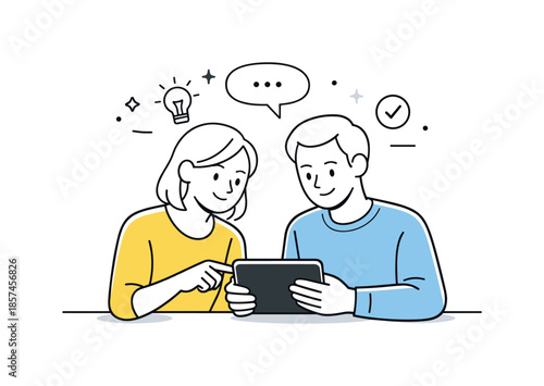 Collaborative Tablet Interaction. Line art and minimal compositions. Two simple characters calmly collaborating over a tablet, clean contours and minimal